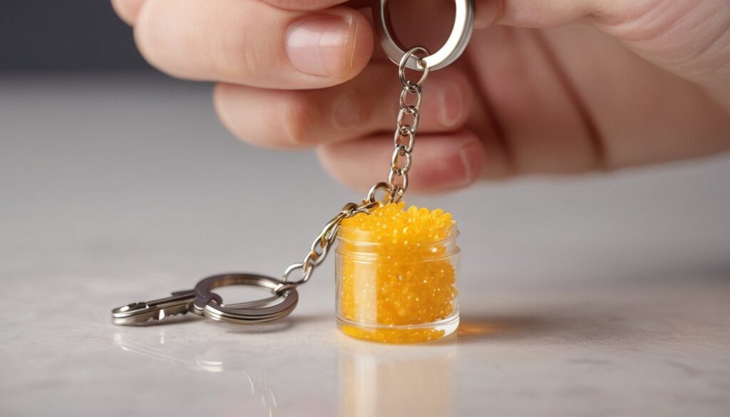 guy holding an acrylic keychain