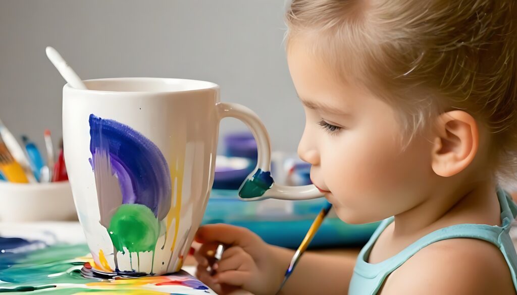 kid painting rainbow on mug using water color