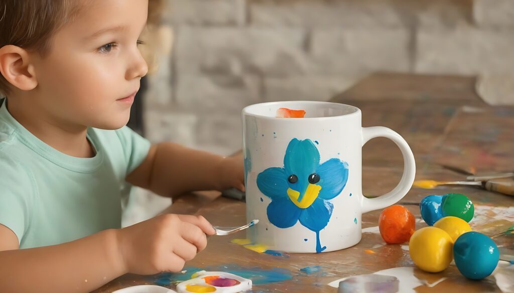 kid painting on a cup